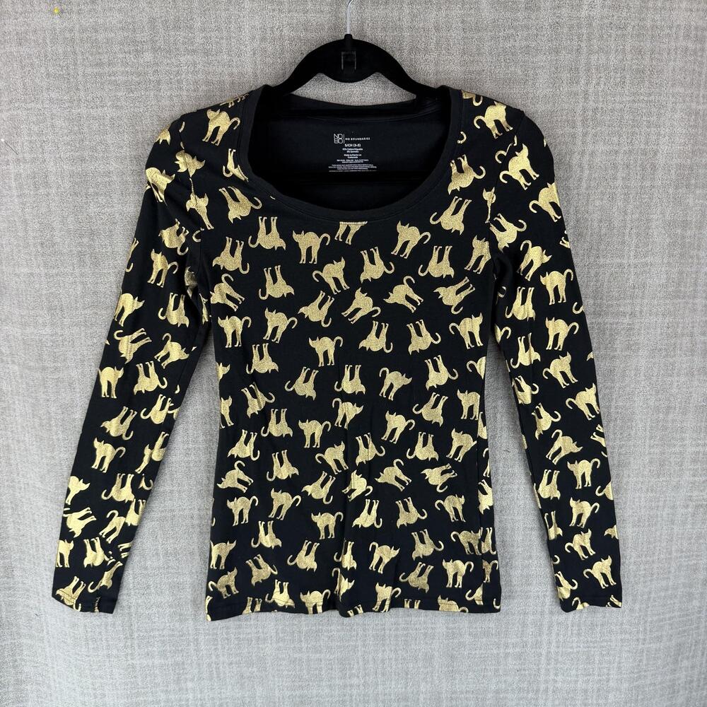 No Boundaries T-Shirt Womens S Black Scoop Neck Gold Cat Glitter Halloween